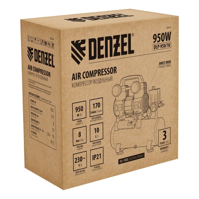 Компрессор безмасляный малошумный DLP-950/10 Denzel