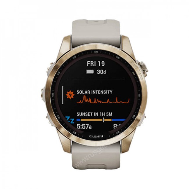 Часы Garmin Fenix 7S Sapphire Solar титановый кремово-золотой с светло-песочным силиконовым ремешком