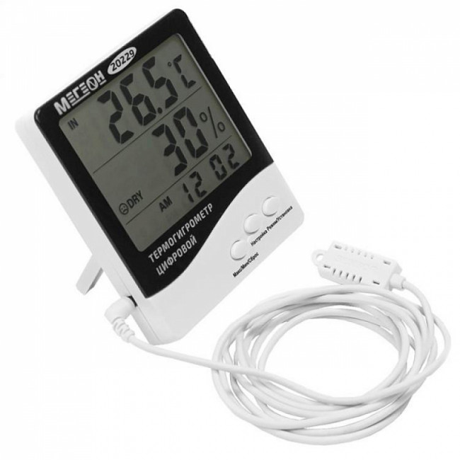Цифровой настольный термогигрометр с выносным датчиком МЕГЕОН 20229 Цифровой настольный термогигрометр с выносным датчиком МЕГЕОН 20229
