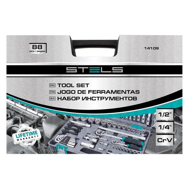 Набор инструментов 1/2", 1/4", CrV 88 предметов Stels Набор инструментов 1/2", 1/4", CrV 88 предметов Stels