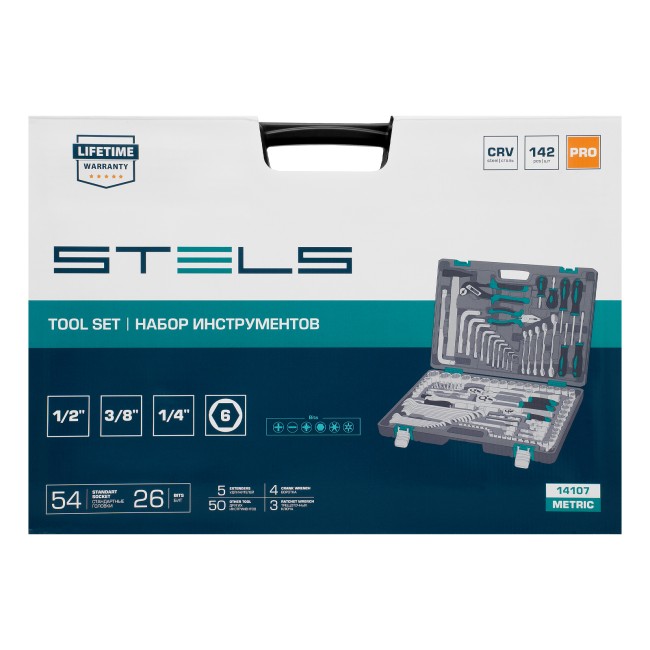 Набор инструментов 1/2",3/8", 1/4", CrV 142 предмета Stels